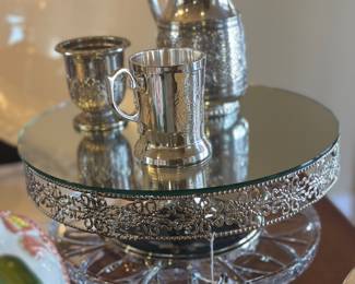 Silver plate pitcher and cake plates