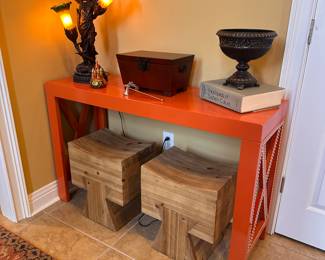 Red lacquer Parsons table and wooden stools