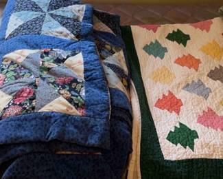 Vintage Blue Patchwork Quilt, Christmas Tree Quilt, Double Wedding Ring Quilt And More 