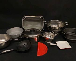 Lot Of Pots, Pans, And Strainers