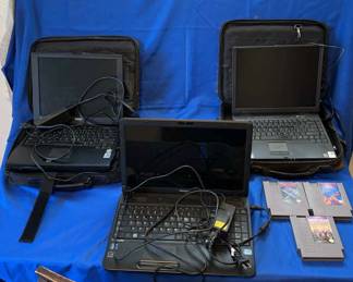Three Vintage Laptops With Power Sources And 3 Vintage NES Cartridges 