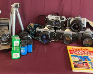 Vintage Cameras including Canon, Asahi Pentax, Olympus, Voightkander Bessa 1929, W Tripods, Flash, 