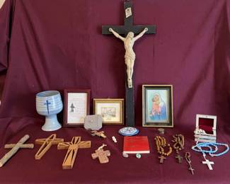 Lot Of Catholic Religious Decor Including Rosary Beads, Crucifix, And More