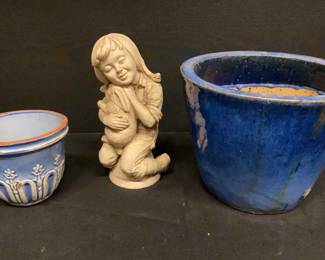 Lot Of 2 Glazed Pots And Garden Ornament