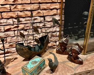 VINTAGE METAL SCULPTURE SAILING SHIP,(HAVE 2 SHIPS LIKE THIS), VINTAGE WESTERN GERMANY SHIP TIN, MCM PHEASANT FIGURINE, MDASE BALINE WOOD SCULPTURE