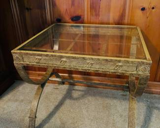 VINTAGE NEOCLASSICAL MCM GLASS & BRUSHED METAL SIDE TABLE (HAVE 2) (ALSO HAVE MATCHING COCKTAIL/COFFEE TABLE)
