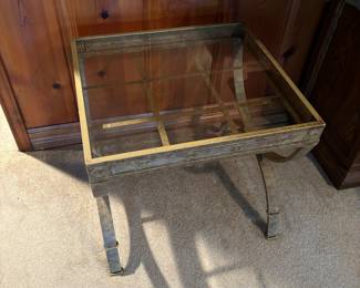 VINTAGE NEOCLASSICAL MCM GLASS & BRUSHED METAL SIDE TABLES (HAVE 2)