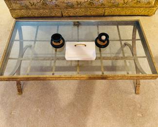 VINTAGE NEOCLASSICAL MCM GLASS & BRUSHED METAL COFFEE/COCKTAIL TABLE (HAVE 2 MATCHING END TABLES)