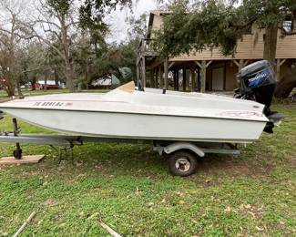 1986 12 FOOT BAJA WITH 2006 25 HP TOHATSU OUTBOARD MOTOR & A MC CLAIN TRAILER