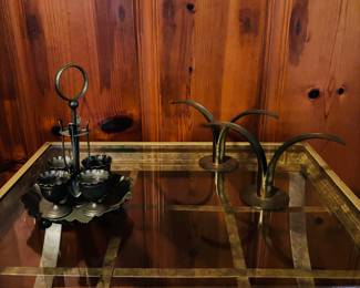 VINTAGE EGG CODDLER STAND HOLDER WITH SPOONS, SWEDEN-LILY MADE IN SWEDEN BRASS CANDLESTICKS