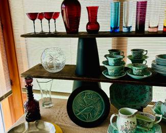 ART DECO RED WINE STEMS, VINTAGE AMETHYST DECANTER, EDGECOMB POTTERS BIRD PLATTER