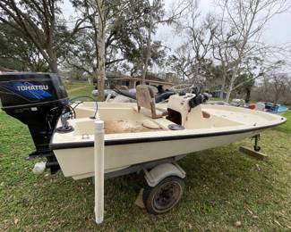 2010 15 FOOT FIBERWORKS EAST BAY WITH 2008 50 HORSEPOWER TOHATSU OUTBOARD MOTOR WITH TRAILERS