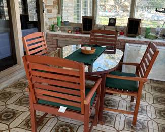 TEAK WOOD OUTDOOR/PORCH TABLE WITH GLASS TOP & FOUR CHAIRS