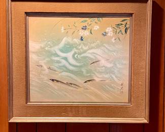 VINTAGE JAPANESE SILK FISH IN STREAM PAINTING 