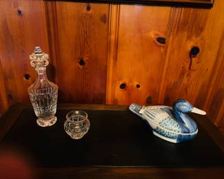 VINTAGE CRYSTAL WATERFORD GLENMORE DECANTER, BLUE & WHITE CHINESE PORCELAIN DUCK 