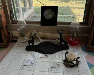 VINTAGE OIL LAMPS, VINTAGE ELK STATUE METAL TRAY, MCM BAROMETER