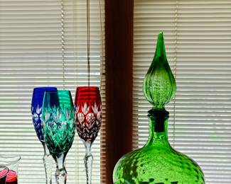 MCM GREEN GLASS GENIE EMPOLI DECANTER QUILTED DIAMOND OPTIC GLASS, CUT CRYSTAL CHAMPAGNE STEM GLASSES 