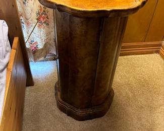 HOLLYWOOD REGENCY BURL SCALLOPED TOP GILT-WASHED DRUM CABINET