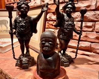 VINTAGE CARVED HEAD , 2 VINTAGE HEAVY BLACKAMOOR YOUNG BOY STATUE CANDLESTICKS CAST BRONZE