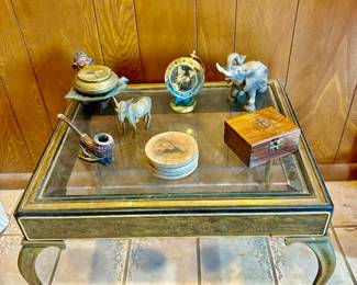 VINTAGE BRASS FLIP ANCHOR ASHTRAY, BRASS MARITIME COMPASS WITH CASE, ASIAN MOTIF BRASS & GLASS ACCENT TABLE