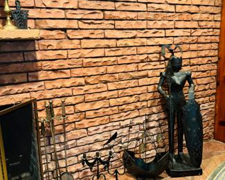 VINTAGE BRASS FIREPLACE TOOL SET, MCM GOTHIC CANDLESTICKS