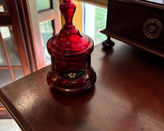 CRANBERRY HANDPAINTED DISH WITH LID
