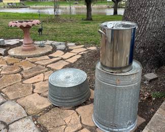 TURKEY FRYER PAN, GALVANZIED BUCKET & TRASH BIN