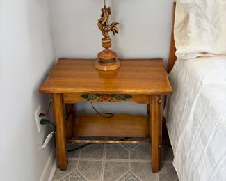 MONTEREY STYLE ACCENT TABLE WITH BOOK SHELF (HAVE 2) & MCM ROOSTER LAMP