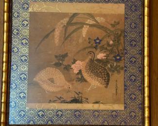 TOSA MITSOUKI “QUAIL BIRDS & FLOWERS” FAUX BAMBOO FRAMED ART