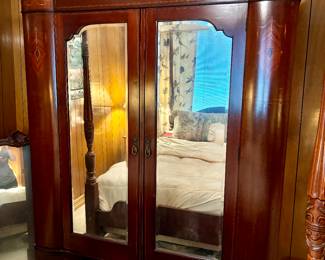 ANTIQUE INLAID WOOD ARMOIRE WITH BEVELED MIRRORS