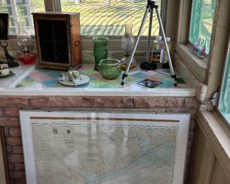 MEADE TELESCOPE, VINTAGE OIL LAMP, DECORATOR DISPLAY CABINET, GALVESTON TO RIO GRANDE MAP
