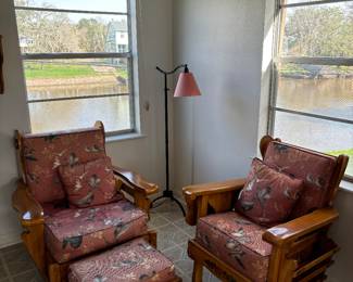 MONTEREY STYLE FURNITURE ARM CHAIR WITH OTTOMAN AND SIDE MAGAZINE RACK, ANOTHER WOOD ARM CHAIR WITH MAGAZINE RACK & DROP LEAF SIDE TABLE