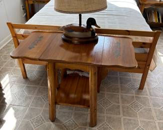 MONTEREY STYLE DROP LEAF ACCENT TABLE & VINTAGE WOOD  CARVED MALLARD DUCK LAMP