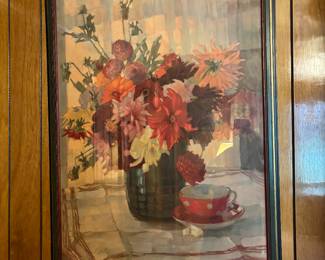 WOOD FRAMED SIGNED STILL LIFE PRINT OF COLORFUL FLOWERS BY ANNA SOPHIE GASTEIGER