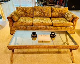 VINTAGE NEOCLASSICAL MCM GLASS & BRUSHED METAL COFFEE/COCKTAIL TABLE, MCM STANTON-COOPER BIRD MOTIF SOFA (HAVE PAIR)