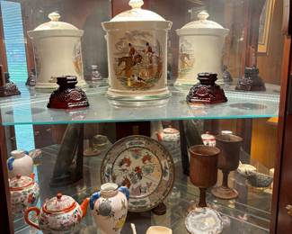 VINTAGE SPODE HERRING HUNT BISCUIT JAR, AVON CAPE COD CANDLESTICKS, VINTAGE ASIAN COLLECTIBLES