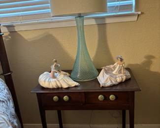 Vtg. side table w/2 drawers ( 28"h x 31"w c 19"d):  $100.00.  Miriam Blue Swirl glass table lamp:  $60.00