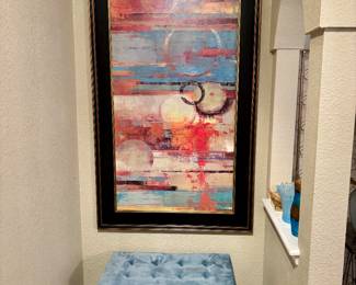 Abstract Entrance Hall Art (5'9"l x 3'3''w):  $140.00.  Blue velvet ottoman storage bench:  $100.00
