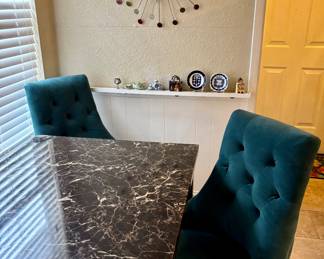 Faux marble top breakfast nook table and 4 velvet chairs ( 30"h x 48"w x 30"d):  $200.00 