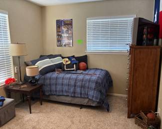 The boys room!  Table and do-da's:  $2.00 - $50.00.  Single 6' Serda mattress, boxsprings and metal frame on casters.  $160.00.  Tall Boy 6 drawer dresser (54"h x 38"w x 18"d):  $250.00.