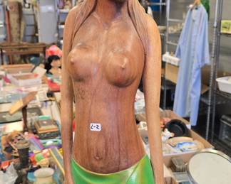 Awesome large teak carved topless statue