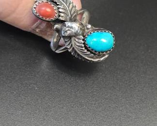 sterling coral and turquoise ring