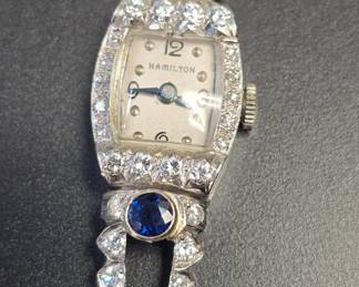 Hamilton platinum ladies wristwatch with sapphires and diamonds comes with appraisals
