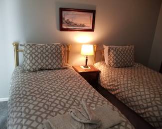 Twin beds; nightstand & lamp