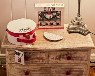 Olivia tea sets, primitive chest