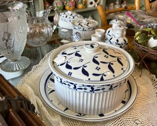 Blue and white Casserole Dish, plates, various sizes of casserole dishes and accessories.