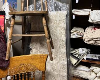 Beautiful crocheted  table cloth or bedspread. vintage linens. Pressed back oak tables. Early American Chair