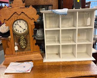 Oak Parlor Clock.  White Cubbie Box, oak chest.