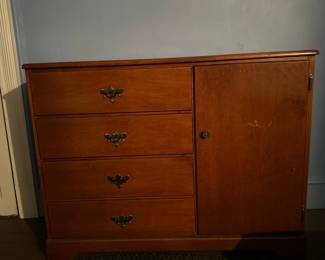 Pinewood Cabinet/Drawers | Mid-century modern pinewood cabinet with four drawers, one cupboard and original hardware. -  h. 34 x w. 44.5 x d. 16 in