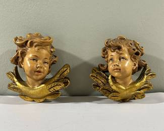 (2pc) Cherub Wall Hangings | Pair of vintage hand-painted cherub wall hangings. - h. 4 x w. 4 in
